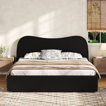 Queen Size Upholstered Platform Bed with Wooden Slats, black fabric headboard in a beige bedroom on Tampa Home & Garden Store