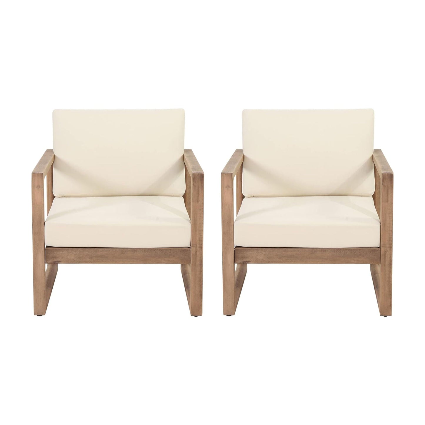 Outdoor Acacia Wood Patio Club Chair pair, beige cushions, HouseOfZazla on Tampa Home & Garden Store