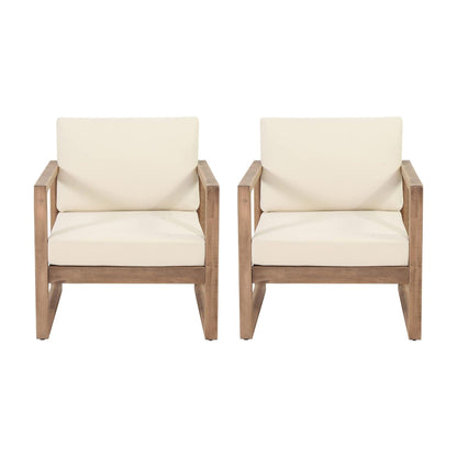 Outdoor Acacia Wood Patio Club Chair pair, beige cushions, HouseOfZazla on Tampa Home & Garden Store