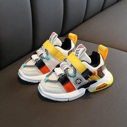 Stevvex baby walking sneakers pair white with yellow strap and teal/orange accents, mesh on Tampa Home & Garden Store