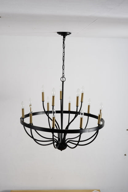 18-Light industrial iron chandelier with black frame and gold candle sleeves, chain-hung on Tampa Home & Garden Store