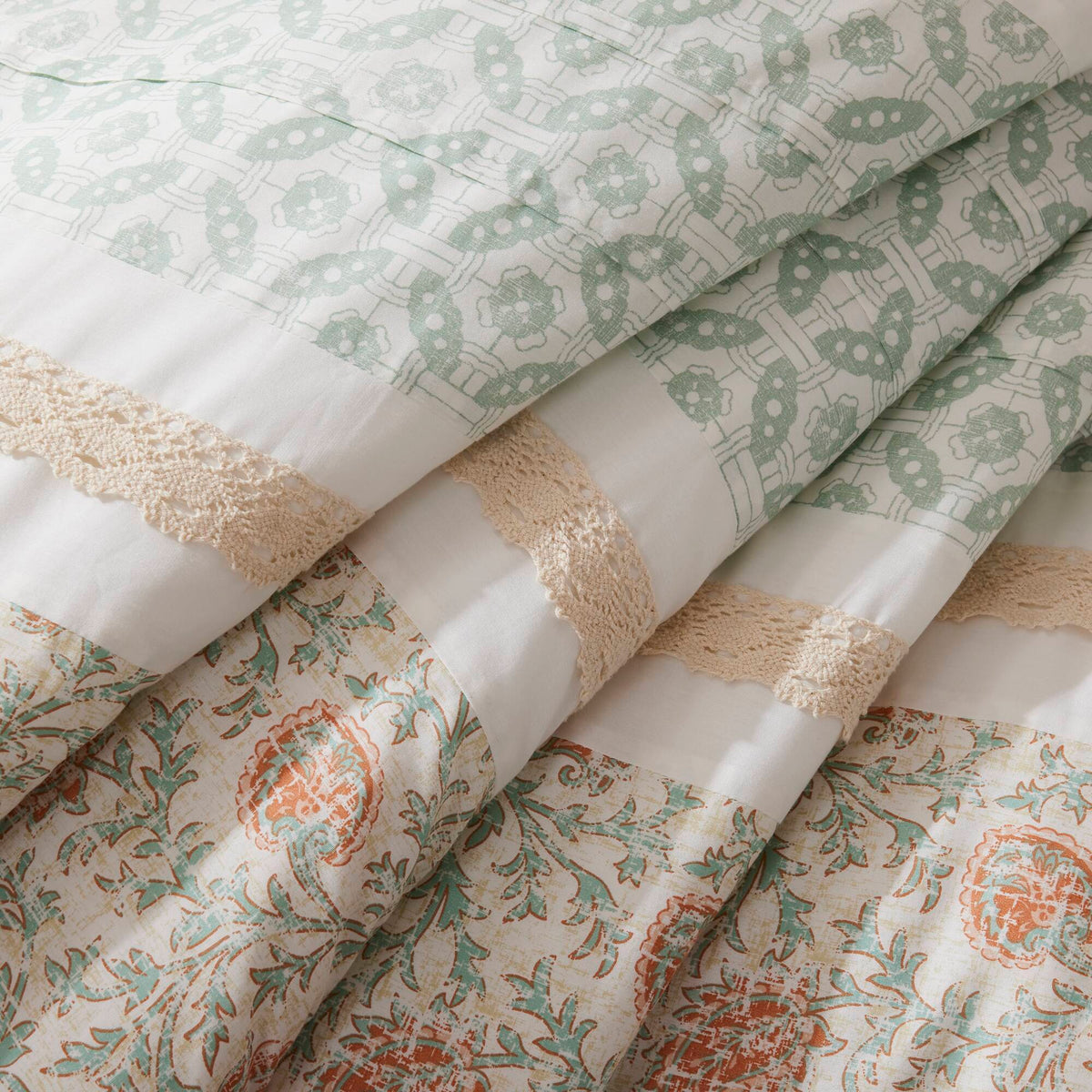 9 Piece Cotton Percale Comforter Set Coral Queen by HouseOfZazla, teal floral pattern with lace trim on Tampa Home & Garden Store