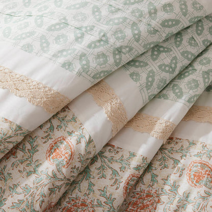 9 Piece Cotton Percale Comforter Set Coral Queen by HouseOfZazla, teal floral pattern with lace trim on Tampa Home & Garden Store
