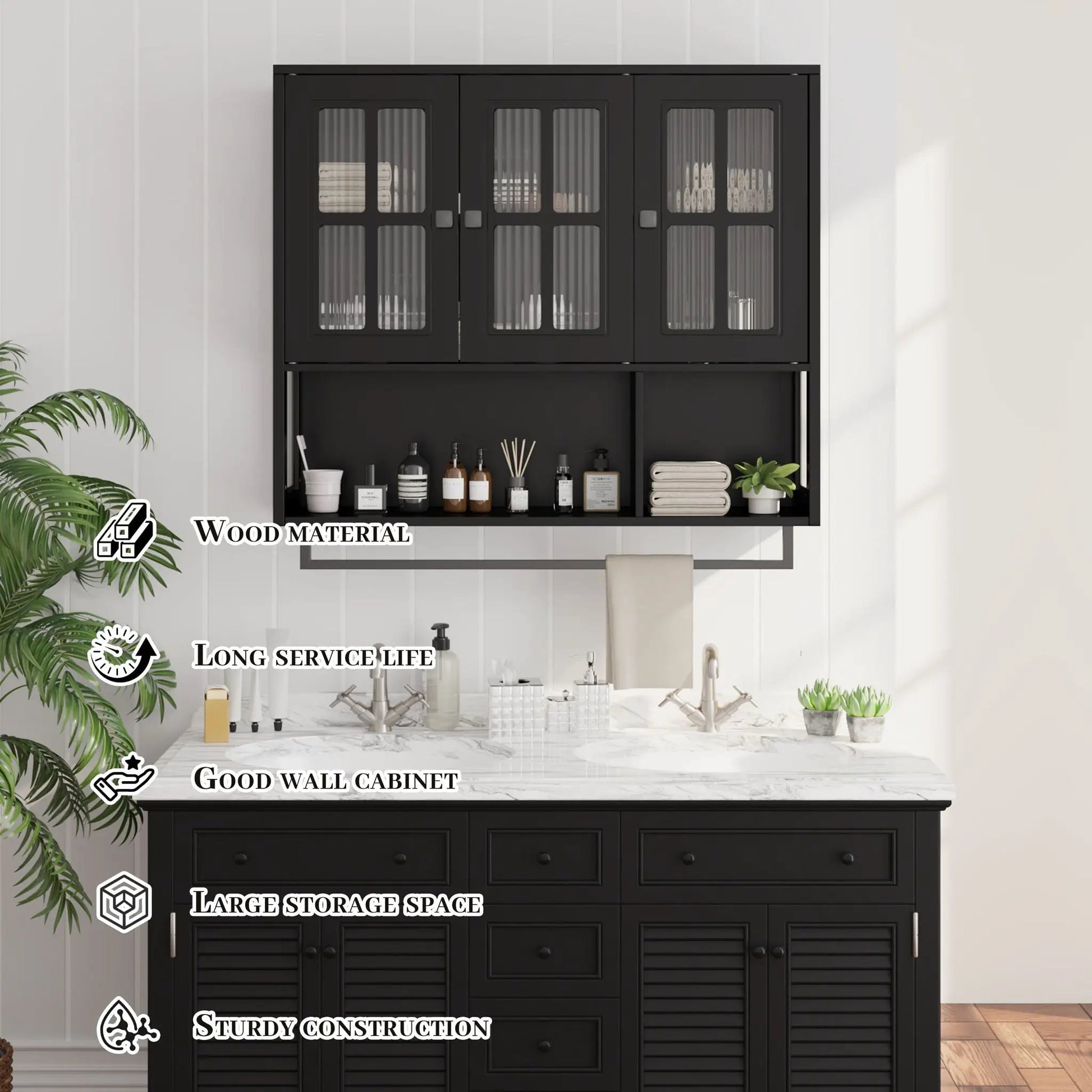 3 Door Wall Cabinet with Glass Doors in black by Unique Piece Furniture, display cabinet with towel bar on Tampa Home & Garden Store