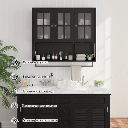 3 Door Wall Cabinet with Glass Doors in black by Unique Piece Furniture, display cabinet with towel bar on Tampa Home & Garden Store