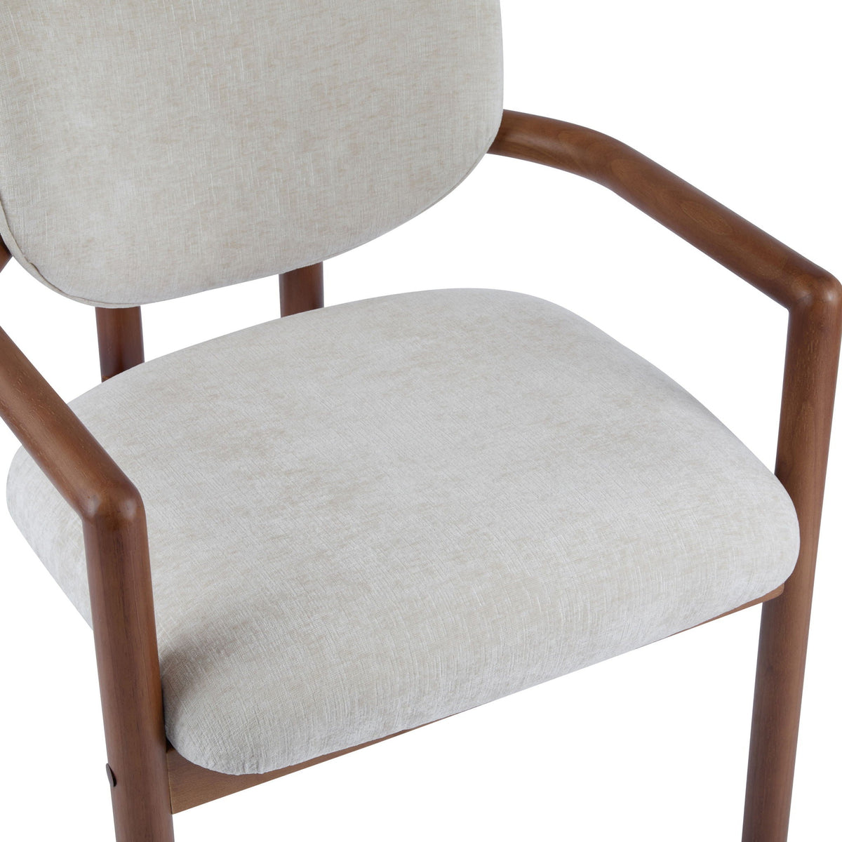 Upholstered arm dining chairs set of 2 in beige fabric with curved wooden arms on Tampa Home & Garden Store