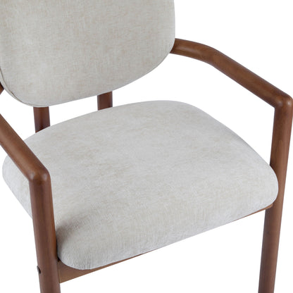 Upholstered arm dining chairs set of 2 in beige fabric with curved wooden arms on Tampa Home & Garden Store