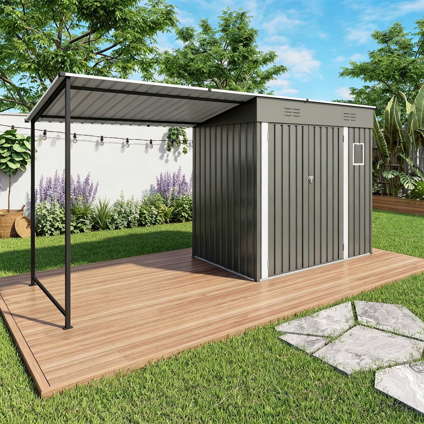 Heavy Gray Storage Shed and the Pergola Combo