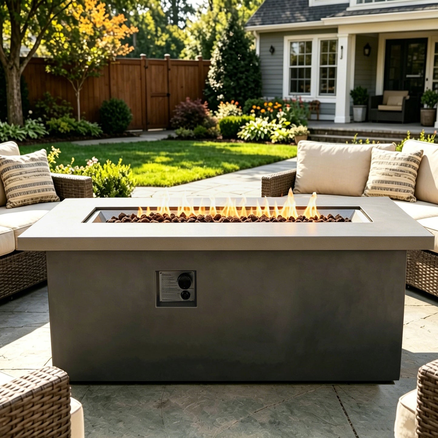Rectangular Dark Grey Concrete Gas Fire Pit Table