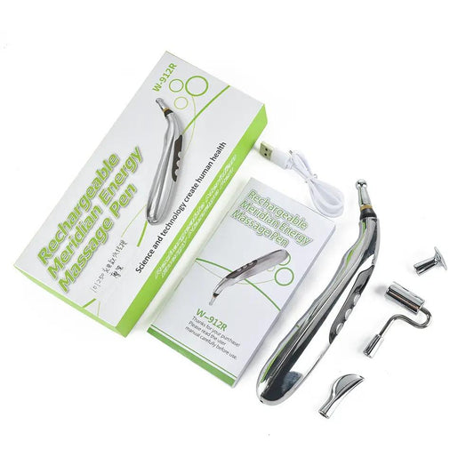 Rechargeable Acupoint Massage Pen with 5 heads, metallic silver handle, USB charger, manual on Tampa Home & Garden Store