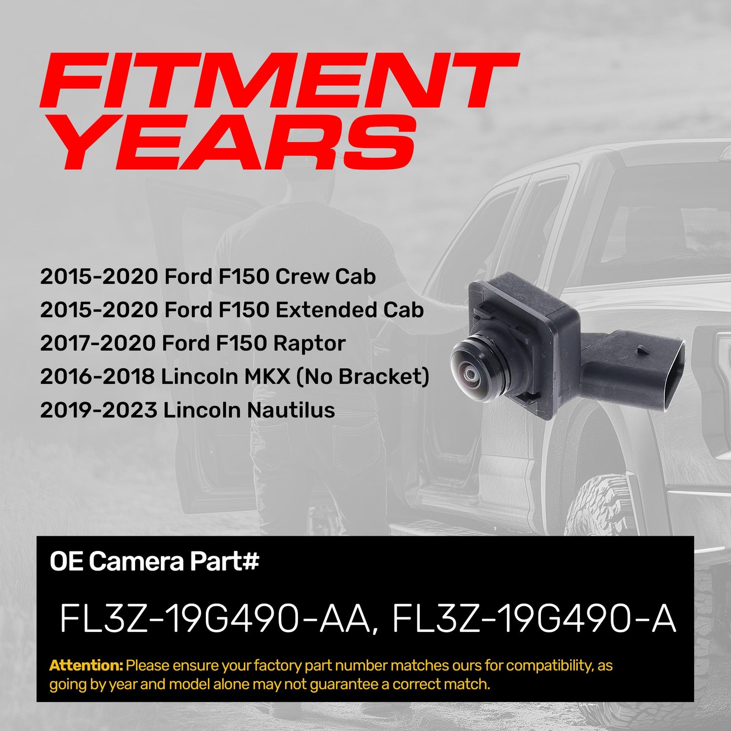 Master Tailgaters OE backup camera for Ford F-150 Crew Cab, left-side view, part FL3Z-19G490-AA on Tampa Home & Garden Store