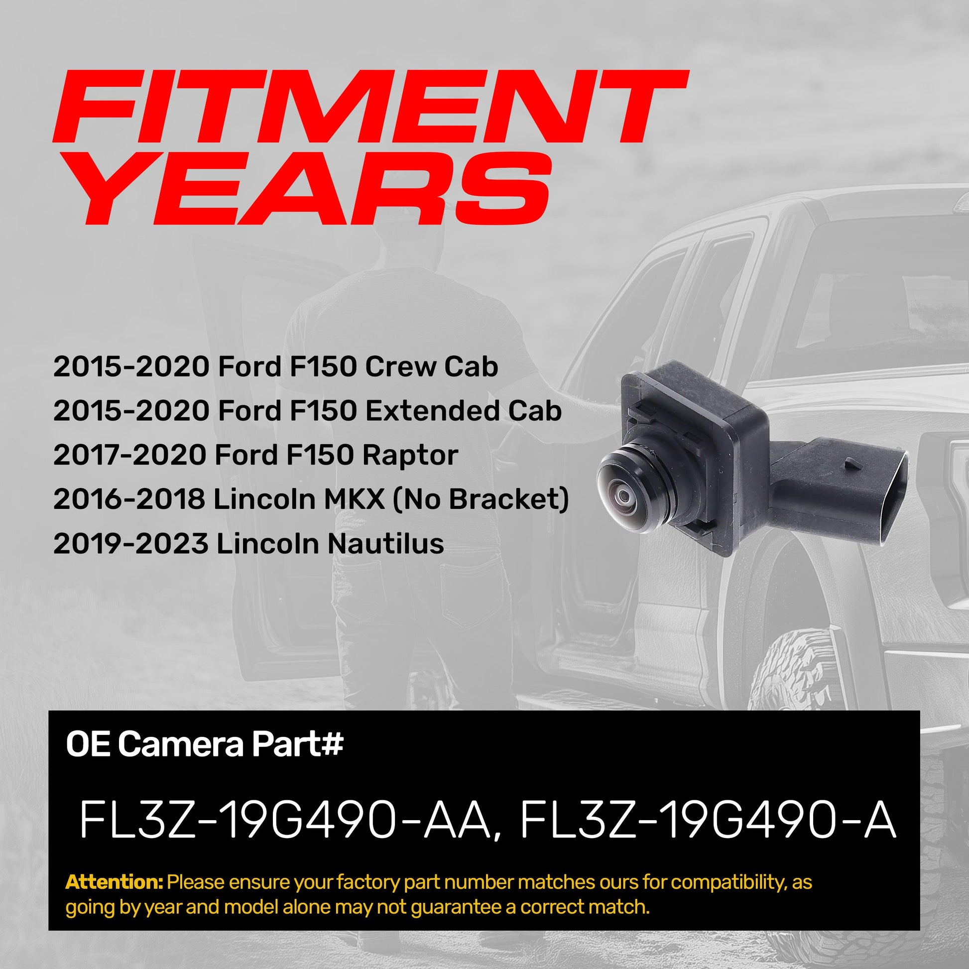 Master Tailgaters OE backup camera for Ford F-150 Crew Cab, left-side view, part FL3Z-19G490-AA on Tampa Home & Garden Store