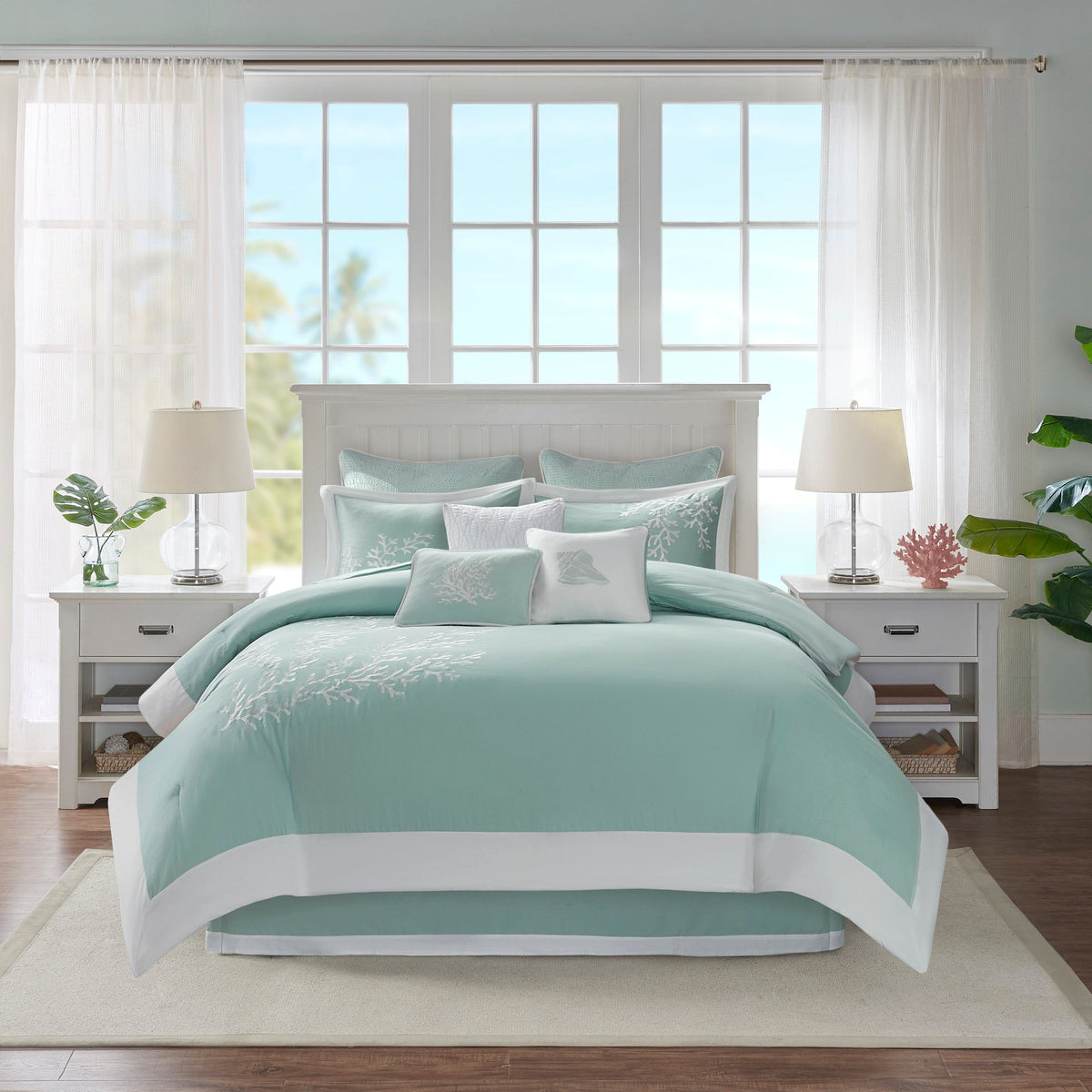 Oversized Cotton Jacquard Aqua Queen Comforter Set with white coral pattern and pillows on Tampa Home & Garden Store