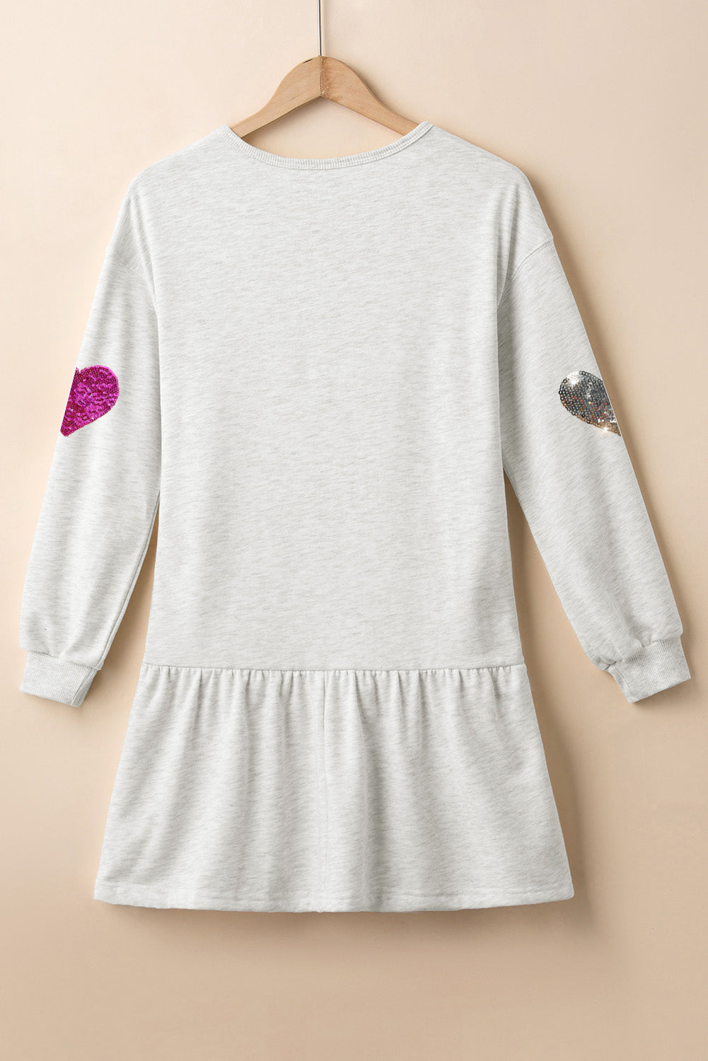 Cute Heart Long Sleeve Mini Dress gray with pink heart patch left sleeve and silver patch on Tampa Home & Garden Store