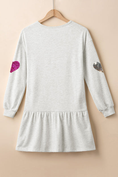 Cute Heart Long Sleeve Mini Dress gray with pink heart patch left sleeve and silver patch on Tampa Home & Garden Store