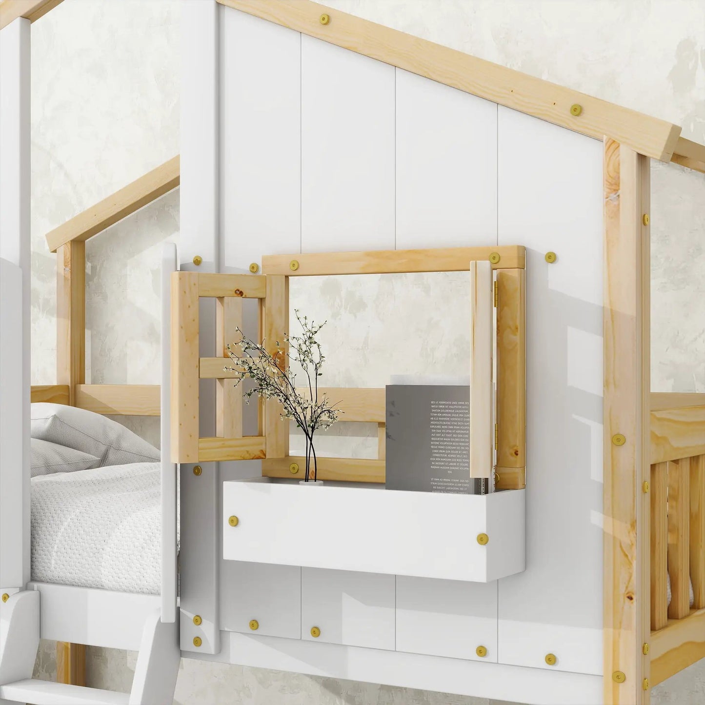 House bunk bed with roof and window, white panels, natural wood frame, ladder and guardrails on Tampa Home & Garden Store