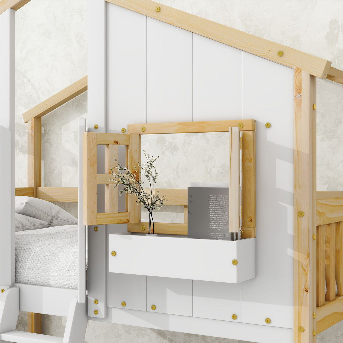 HouseOfZazla bunk bed with roof, guardrails and ladder; white panel bed with natural wood frame on Tampa Home & Garden Store