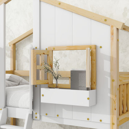 HouseOfZazla bunk bed with roof, guardrails and ladder; white panel bed with natural wood frame on Tampa Home & Garden Store
