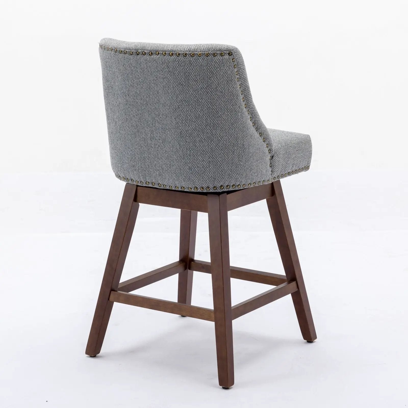Counter height swivel barstool set of 2, grey upholstered fabric with brass nailhead trim on Tampa Home & Garden Store