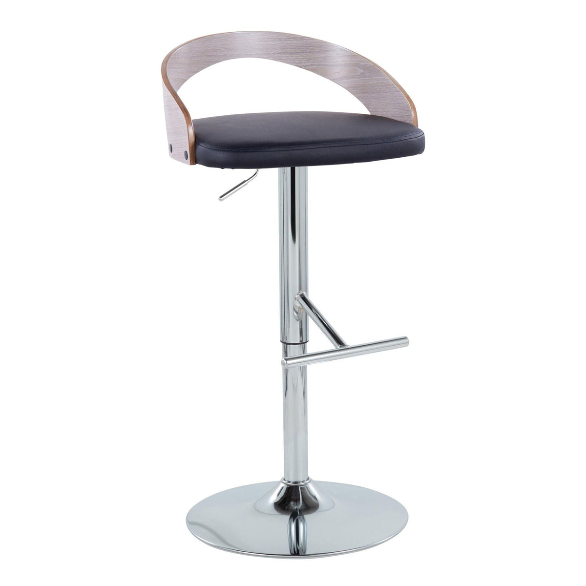 Contemporary adjustable height barstool with swivel, black seat, brown wood back, chrome base on Tampa Home & Garden Store