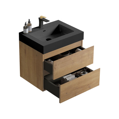Natural oak floating vanity with quartz sink, black top, gold faucet, two bottles on top on Tampa Home & Garden Store
