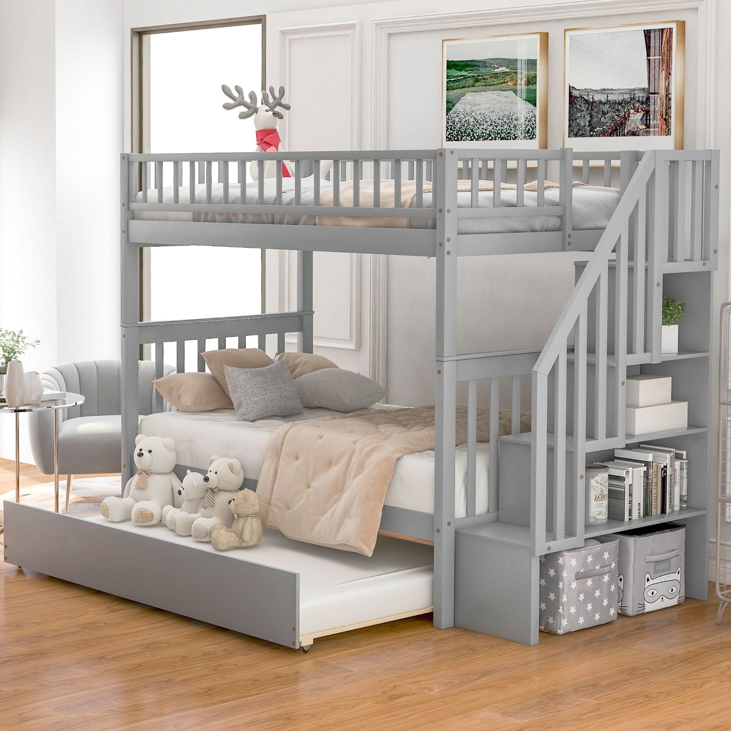 Bunk Bed With Staircase in gray solid wood by HouseOfZazla on Tampa Home & Garden Store