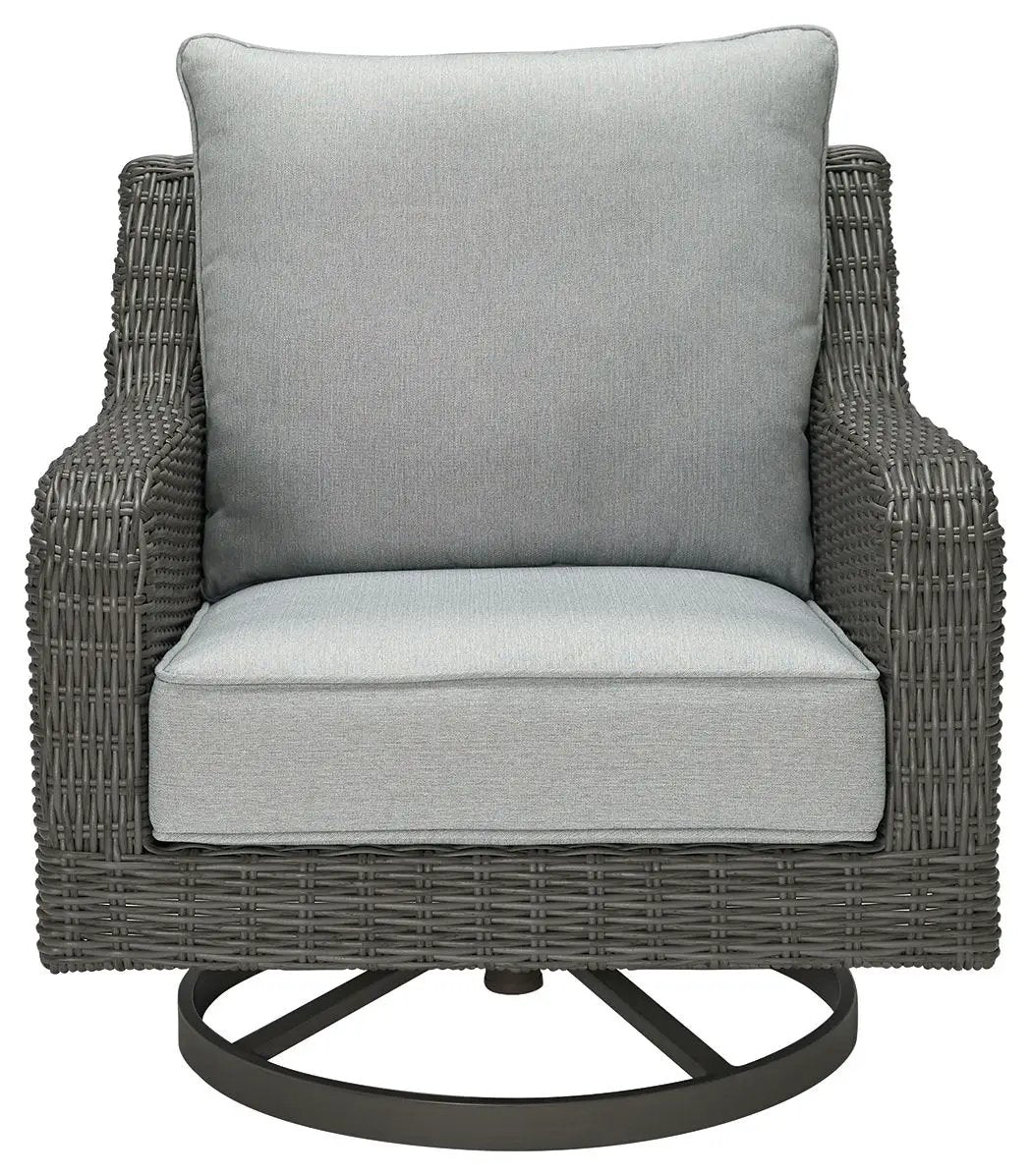 Elite Park Swivel Lounge Chair with Cushion in gray, dark wicker frame and round pedestal base on Tampa Home & Garden Store