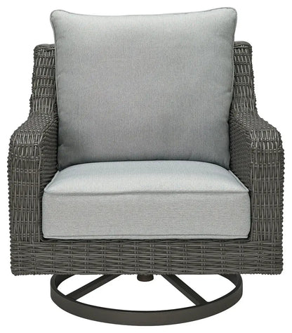 Elite Park Swivel Lounge Chair with Cushion in gray, dark wicker frame and round pedestal base on Tampa Home & Garden Store