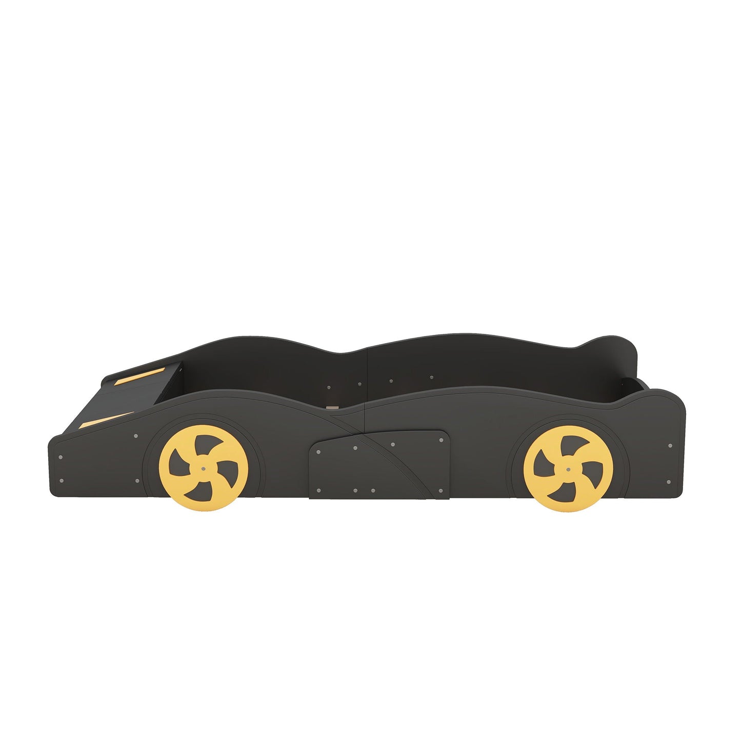 Race car platform bed with storage and black finish, yellow wheel accents by HouseOfZazla on Tampa Home & Garden Store