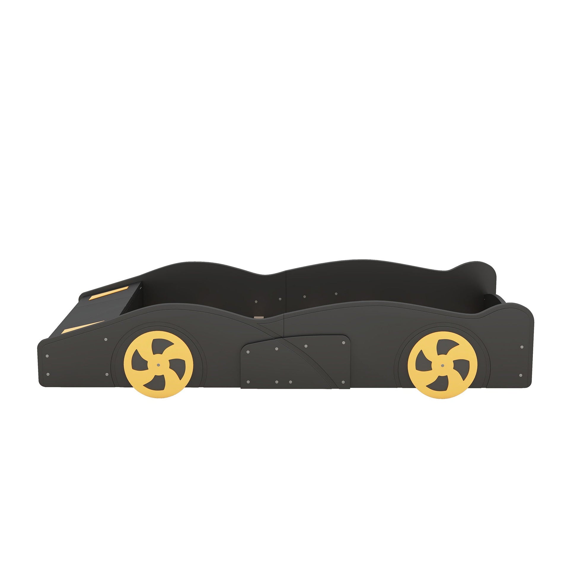 Race car platform bed with storage and black finish, yellow wheel accents by HouseOfZazla on Tampa Home & Garden Store