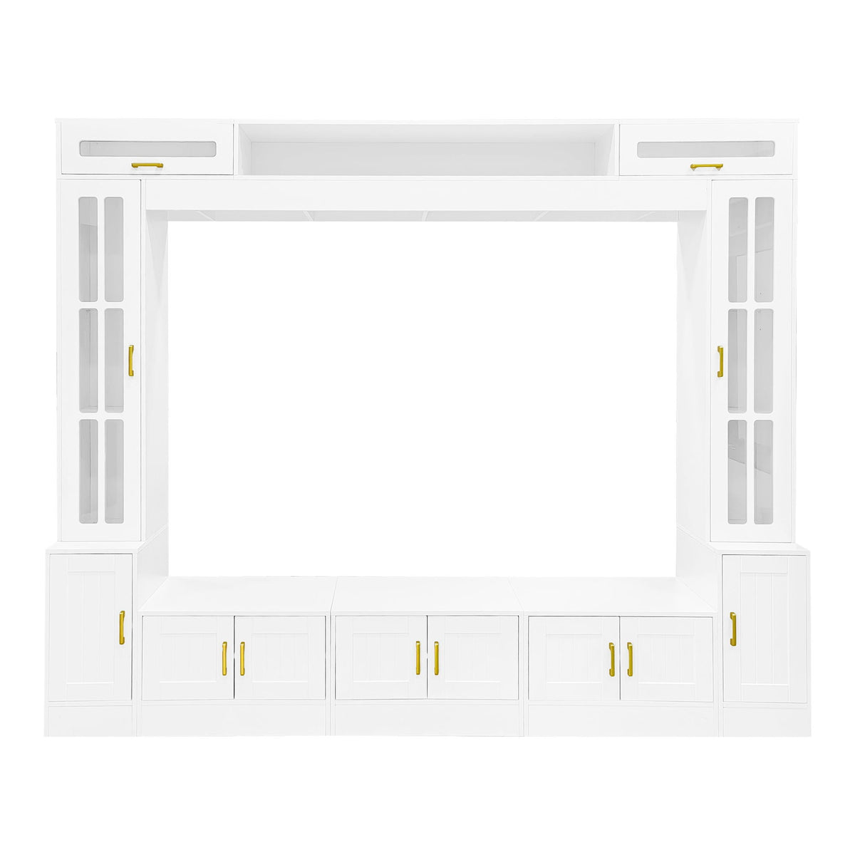Wall Unit Entertainment Center in white with glass doors, central open shelf, gold pulls on Tampa Home & Garden Store