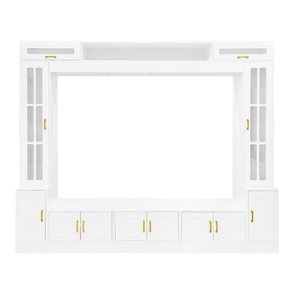 Wall Unit Entertainment Center in white with glass doors, central open shelf, gold pulls on Tampa Home & Garden Store