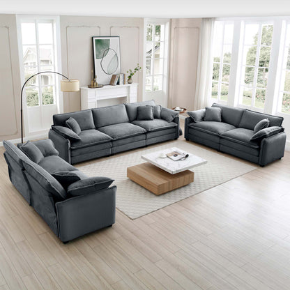 3-piece modern living room sofa set in dark gray striped fabric in a bright, airy room on Tampa Home & Garden Store