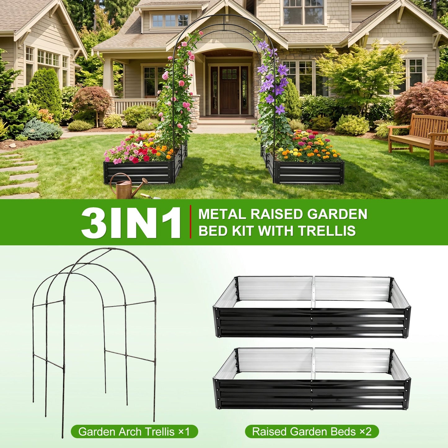 Raised garden beds with arch trellis, 2-pack metal planters, black finish by HouseOfZazla on Tampa Home & Garden Store