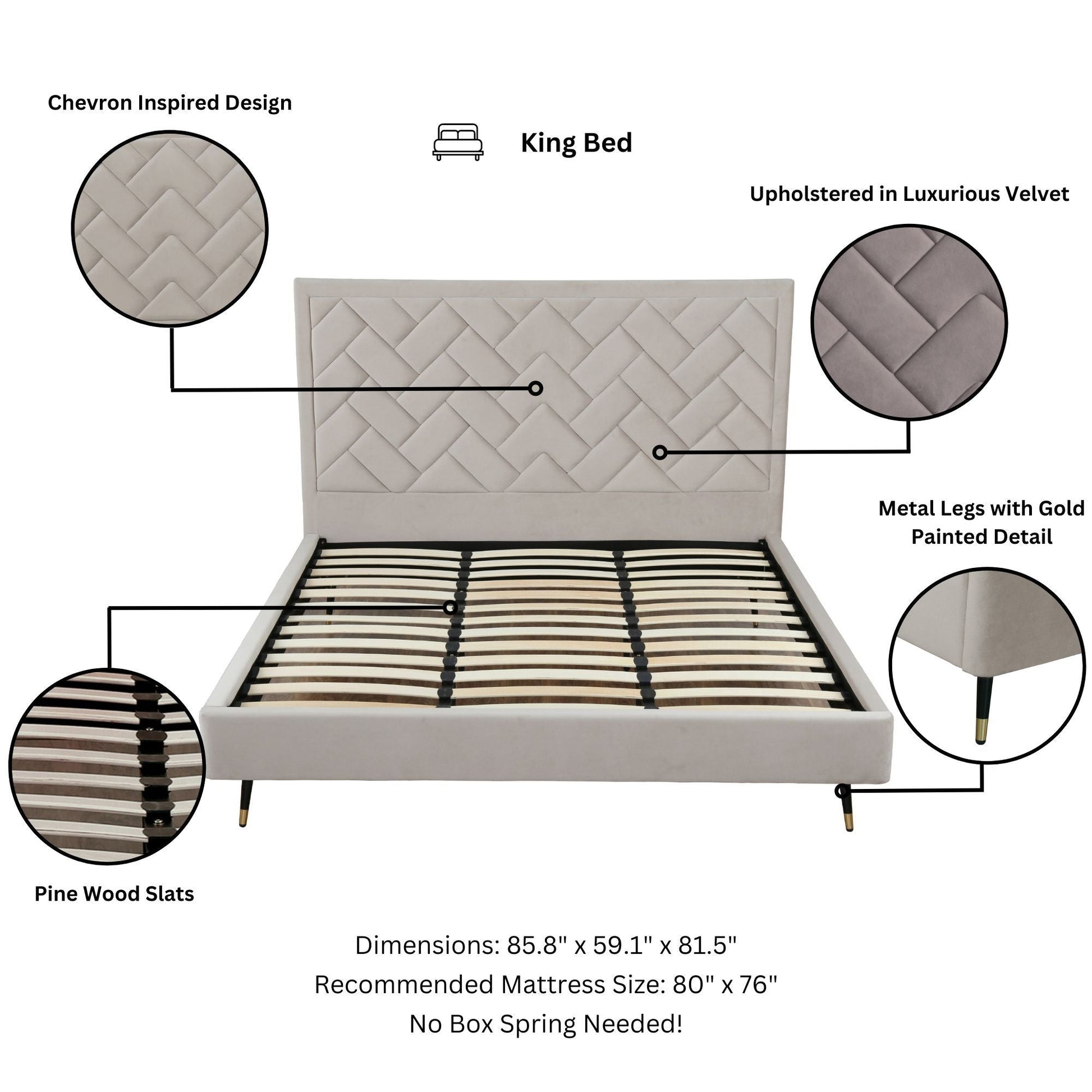 Crosby bed with chevron upholstered headboard in luxury velvet, king size, HouseOfZazla on Tampa Home & Garden Store