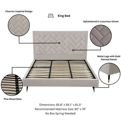Crosby bed with chevron upholstered headboard in luxury velvet, king size, HouseOfZazla on Tampa Home & Garden Store