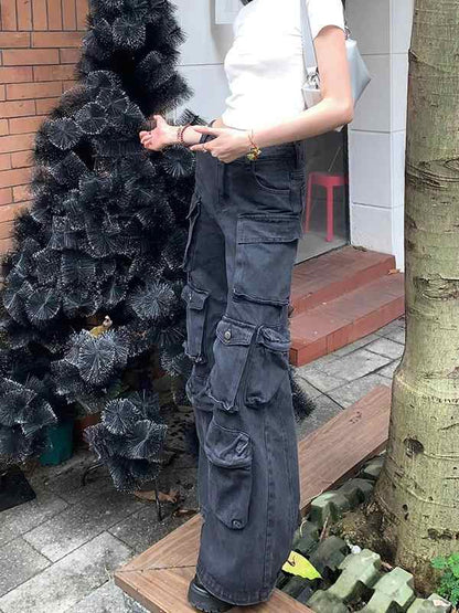 Retro black multi-pocket cargo pants, women's loose denim cargo jeans by FLIPSTYLEZLLC on Tampa Home & Garden Store