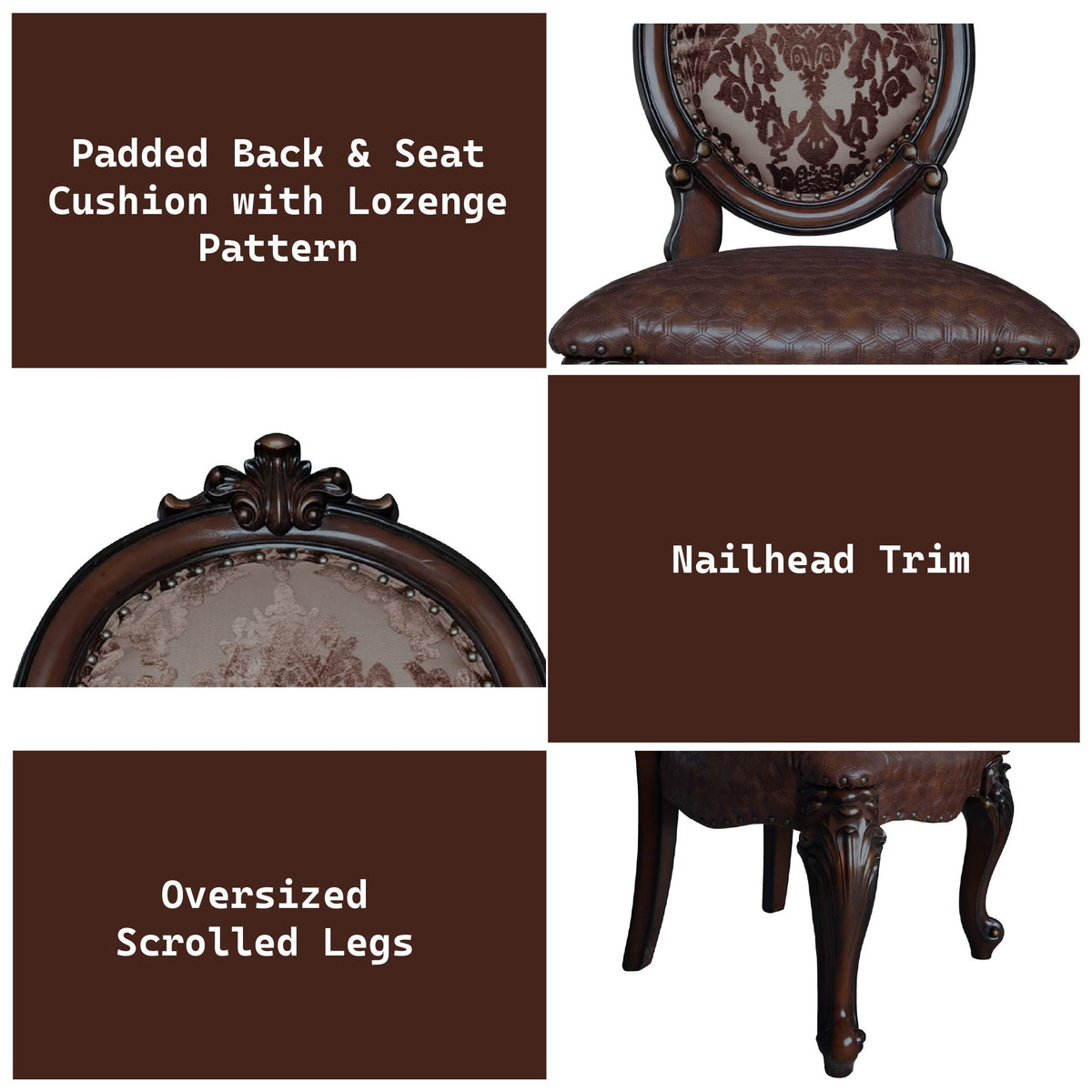 Versailles Side Chairs (Set of 2) in cherry wood by HouseOfZazla with ornate carved legs and damask upholstered backs on Tampa Home & Garden Store