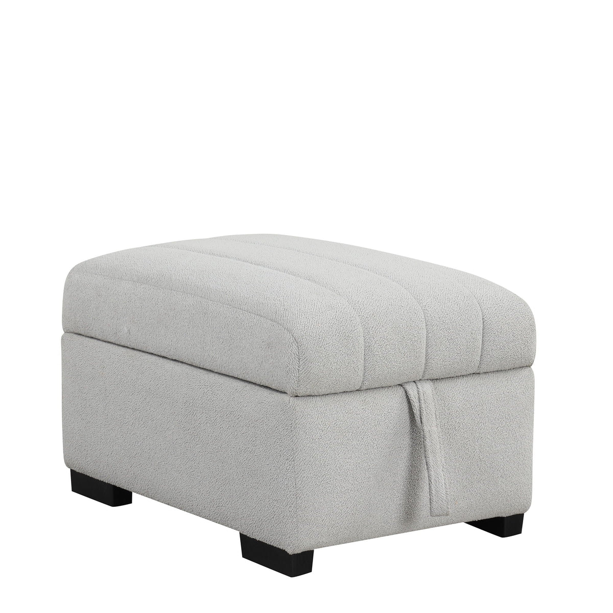 Storage ottoman in light gray textured fabric with stitched lid and black feet on Tampa Home & Garden Store