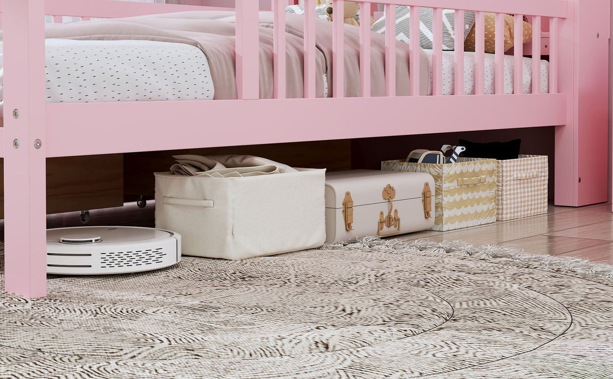 Pink storage bed with headboard rack and 2 under-bed drawers plus side guardrails on Tampa Home & Garden Store