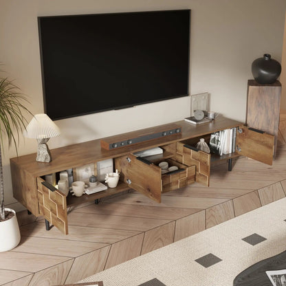 TV stand with natural wood finish, L-shaped handles, and open storage drawers by Unique Piece Furniture on Tampa Home & Garden Store