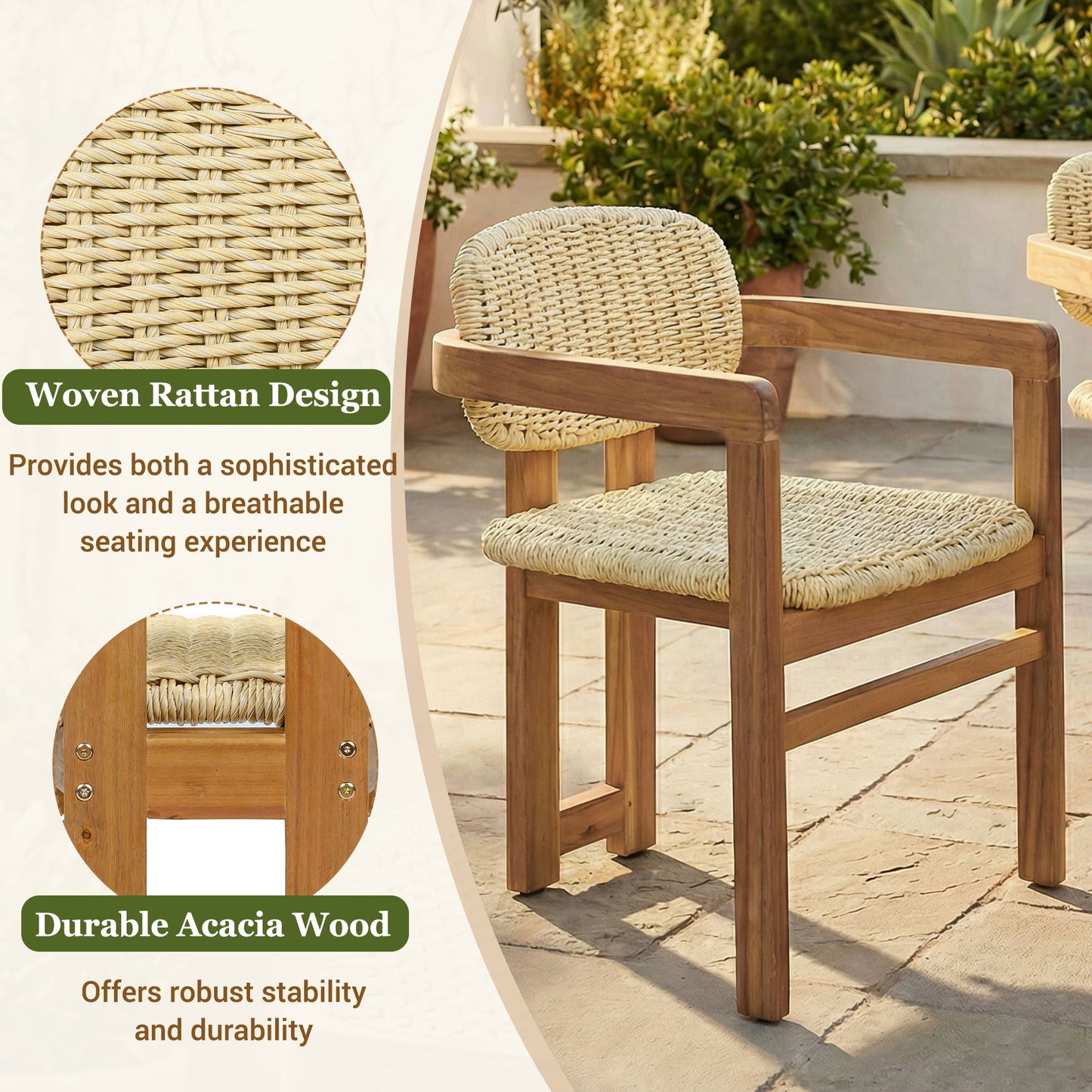 Outdoor Accent Armchairs 2-pack natural/teak woven rattan on acacia wood frames HouseOfZazla on Tampa Home & Garden Store