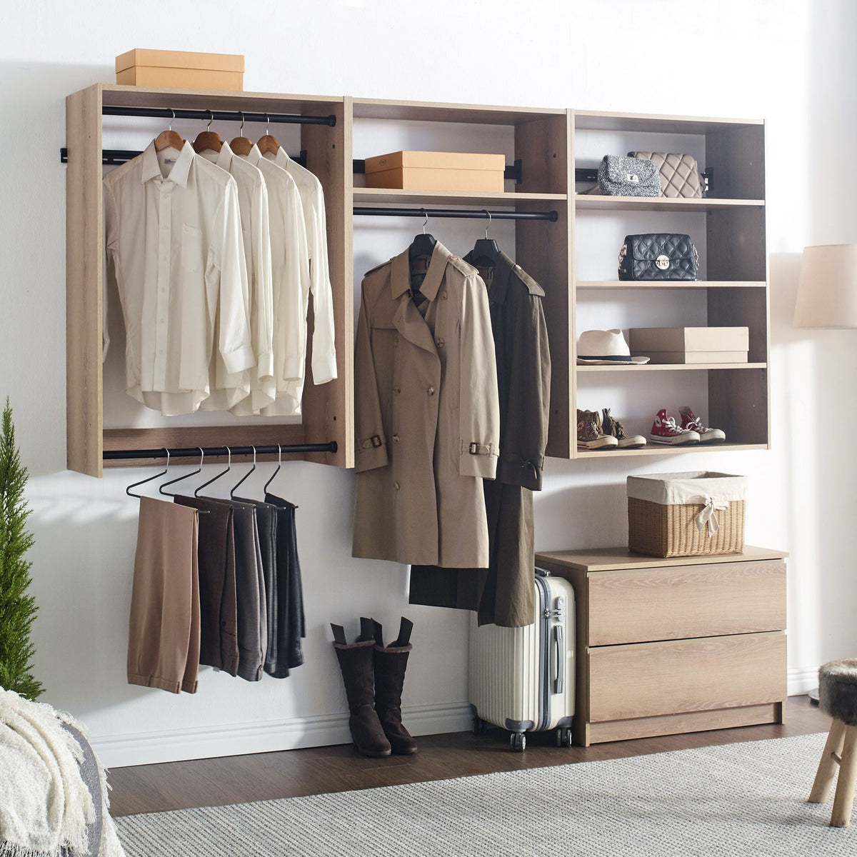 Wall mounted wood triple wardrobe in light brown with shirts and coats HouseOfZazla on Tampa Home & Garden Store