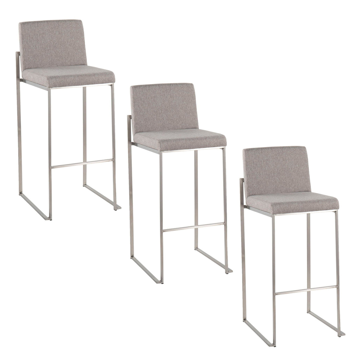 Contemporary high-back barstool set of four with upholstered gray seats and stainless steel legs on Tampa Home & Garden Store