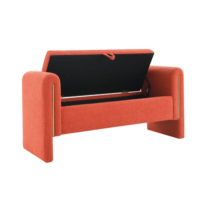Bed End Bench with Arms and Storage in coral textured fabric, black lid, gold metal supports on Tampa Home & Garden Store