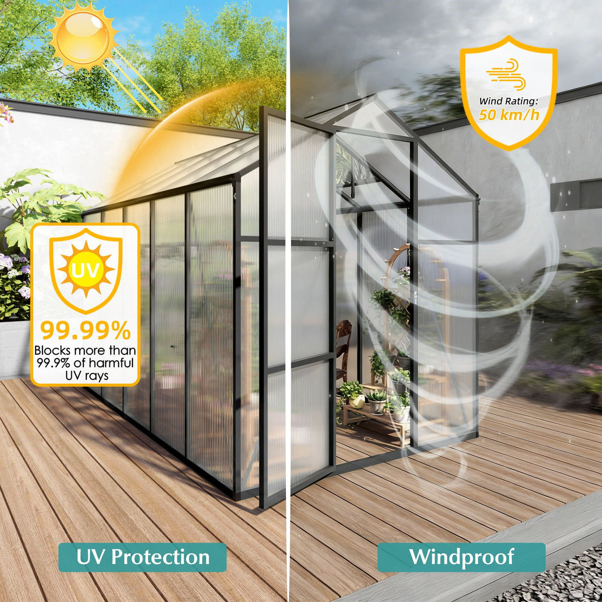 Windproof greenhouse with raised base, polycarbonate panels, black frame by HouseOfZazla on Tampa Home & Garden Store