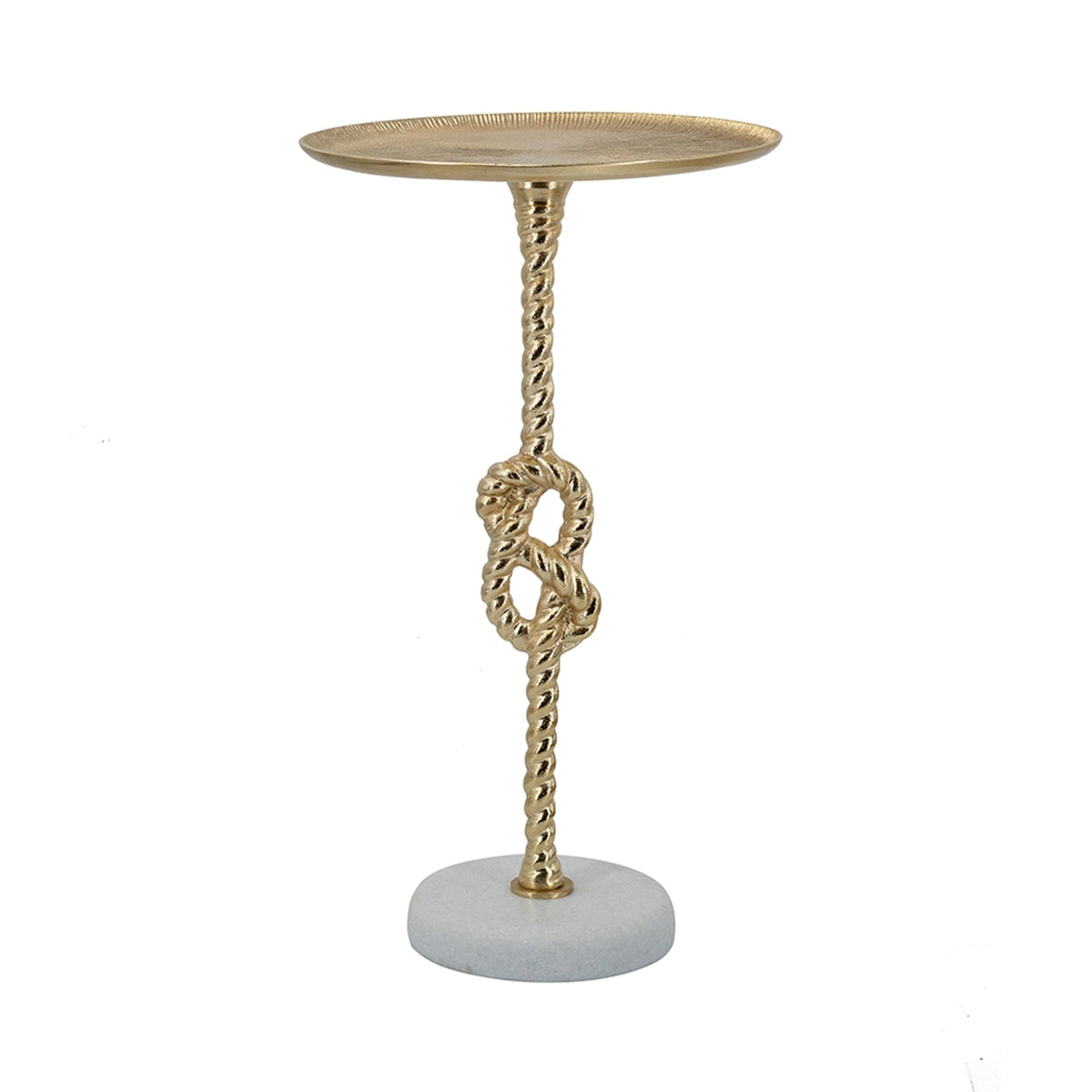 End table gold rope-knot column with white marble base and round top by HouseOfZazla on Tampa Home & Garden Store