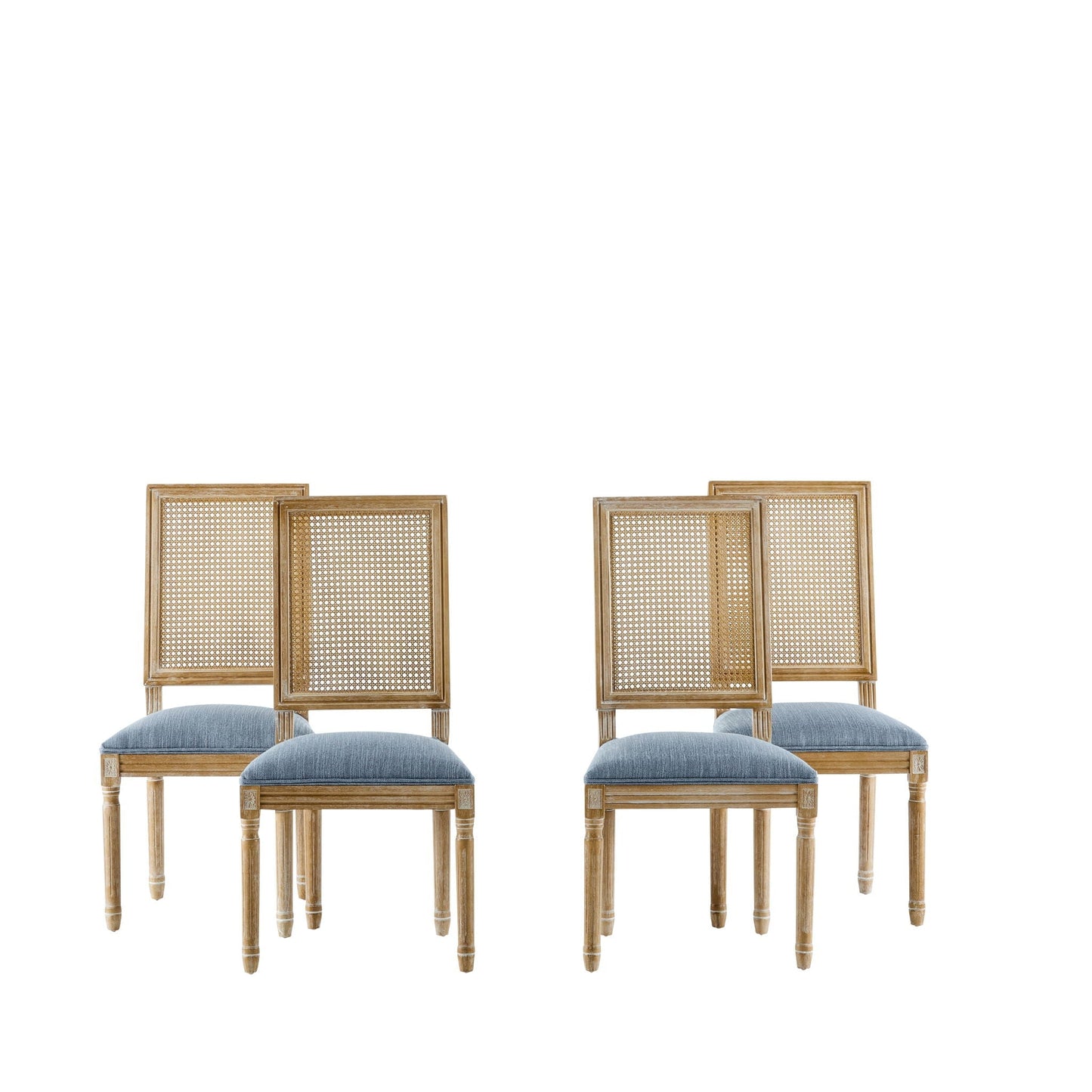 HouseOfZazla French Country dining chairs: caned back and blue upholstered seats, 4 chairs on Tampa Home & Garden Store