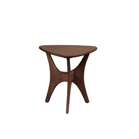 Triangle wood side table with a brown triangular top and curved crisscross legs on Tampa Home & Garden Store
