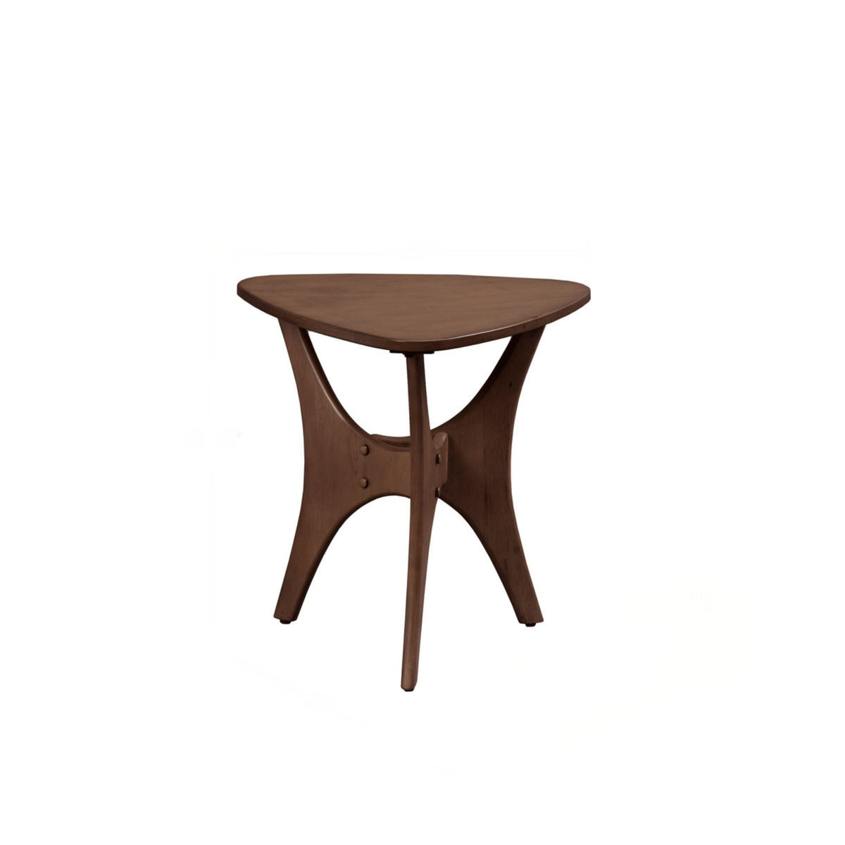 Triangle wood veneer top side table in dark brown with curved cross-legged base on Tampa Home & Garden Store